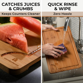 Woodenhouse cutting board holder keeps boards accessible and neatly stored.