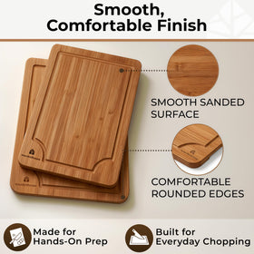 Woodenhouse bamboo cutting board with juice grooves catches liquids for tidy surfaces.