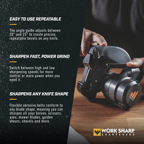 Work Sharp two-speed motor allows controlled sharpening for heavy tasks.
