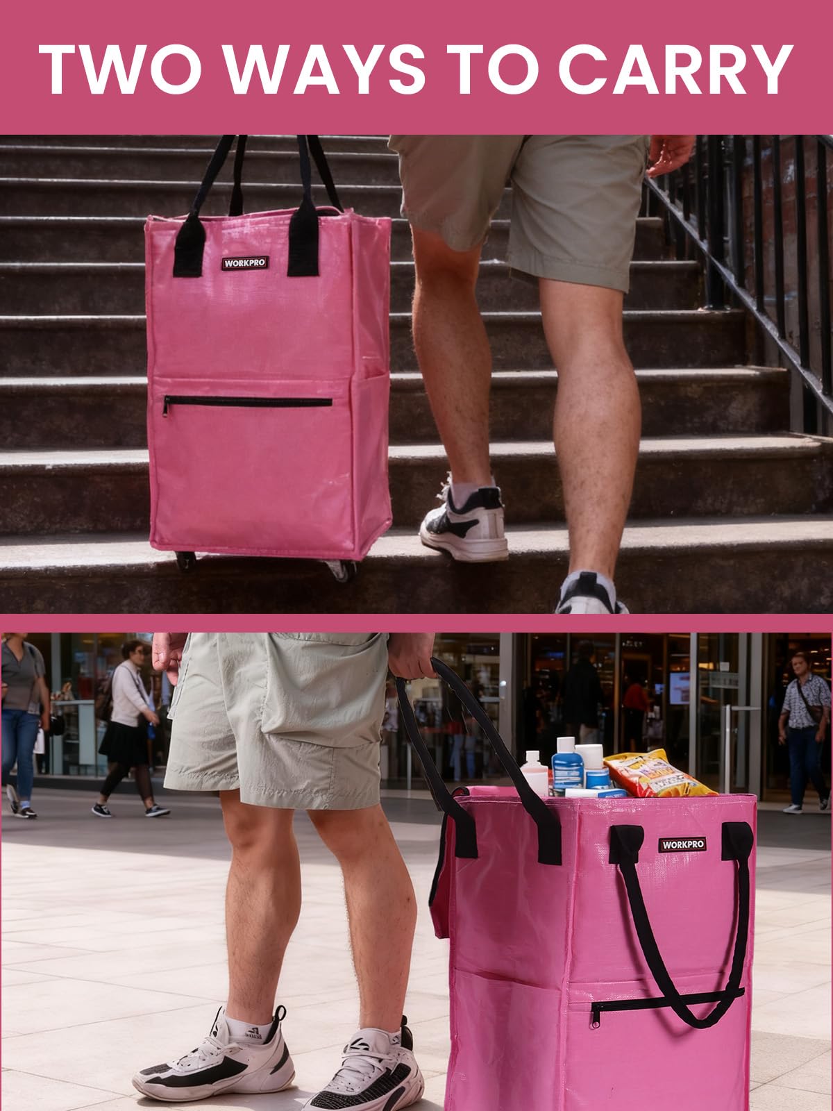 WORKPRO 36-gallon tote with side pockets keeps shopping organized