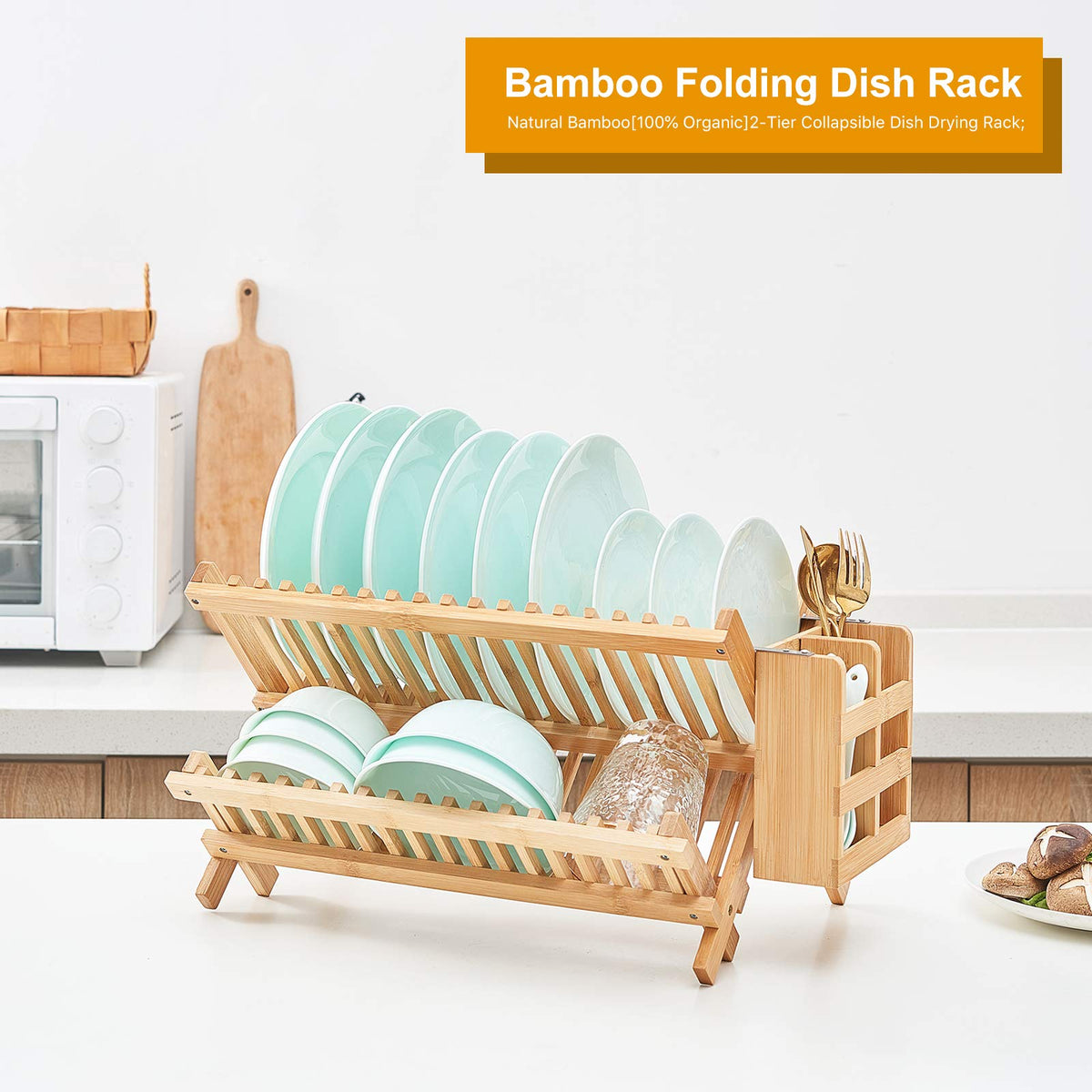 Worthyeah bamboo rack with utensil holder keeps cutlery organized as it dries