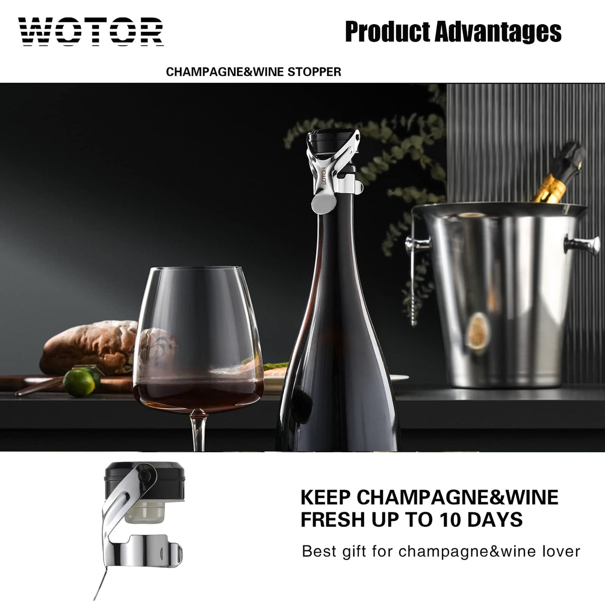 WOTOR leak-proof wine stopper prevents leaks and protects bubbles during storage.