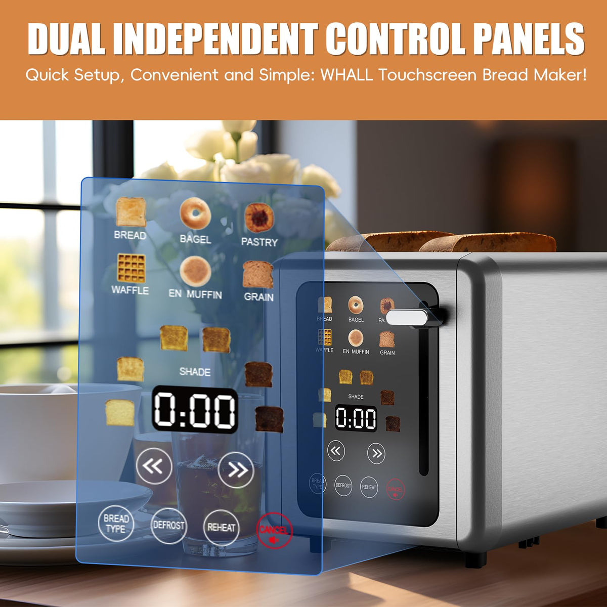 WUNLY touch-screen toaster control panel for quick bread type selection