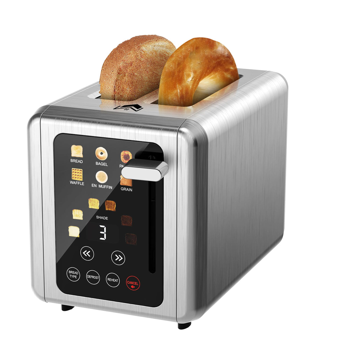WUNLY touch-screen toaster front view in platinum finish with digital timer for clear morning guidance