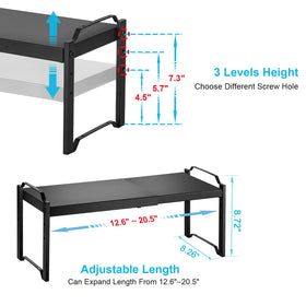 X-cosrack adjustable-height shelf shows multiple height options for spices and cups.