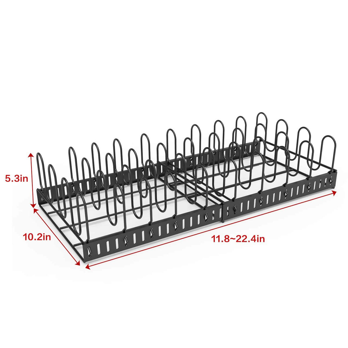 Large capacity design stores lids, pots, pans, and cutting boards together.