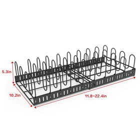 Large capacity design stores lids, pots, pans, and cutting boards together.