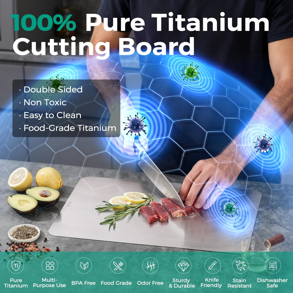 Xanthic Katuchef titanium cutting board back side view for meat prep