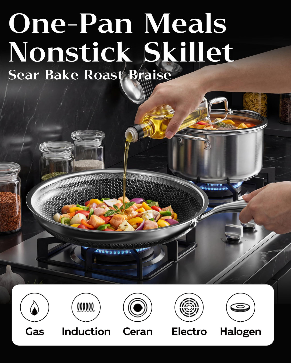 XBM ceramic-etched honeycomb surface highlights oil-free frying and low-smoke cooking