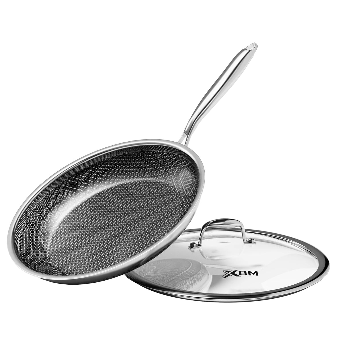 XBM nonstick frying pan with lid shows even heat for quick weeknight meals.