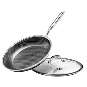 XBM nonstick frying pan with lid shows even heat for quick weeknight meals.