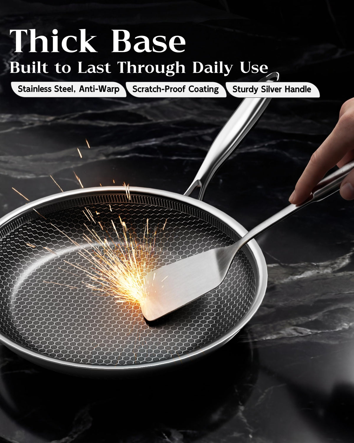 XBM stay-cool handle close-up conveys secure grip during sautéing