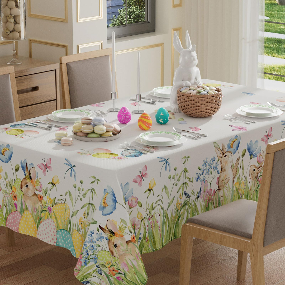 XCHI Bunny Eggs Watercolor Tablecloth with playful bunny and eggs motif for festive dinners.
