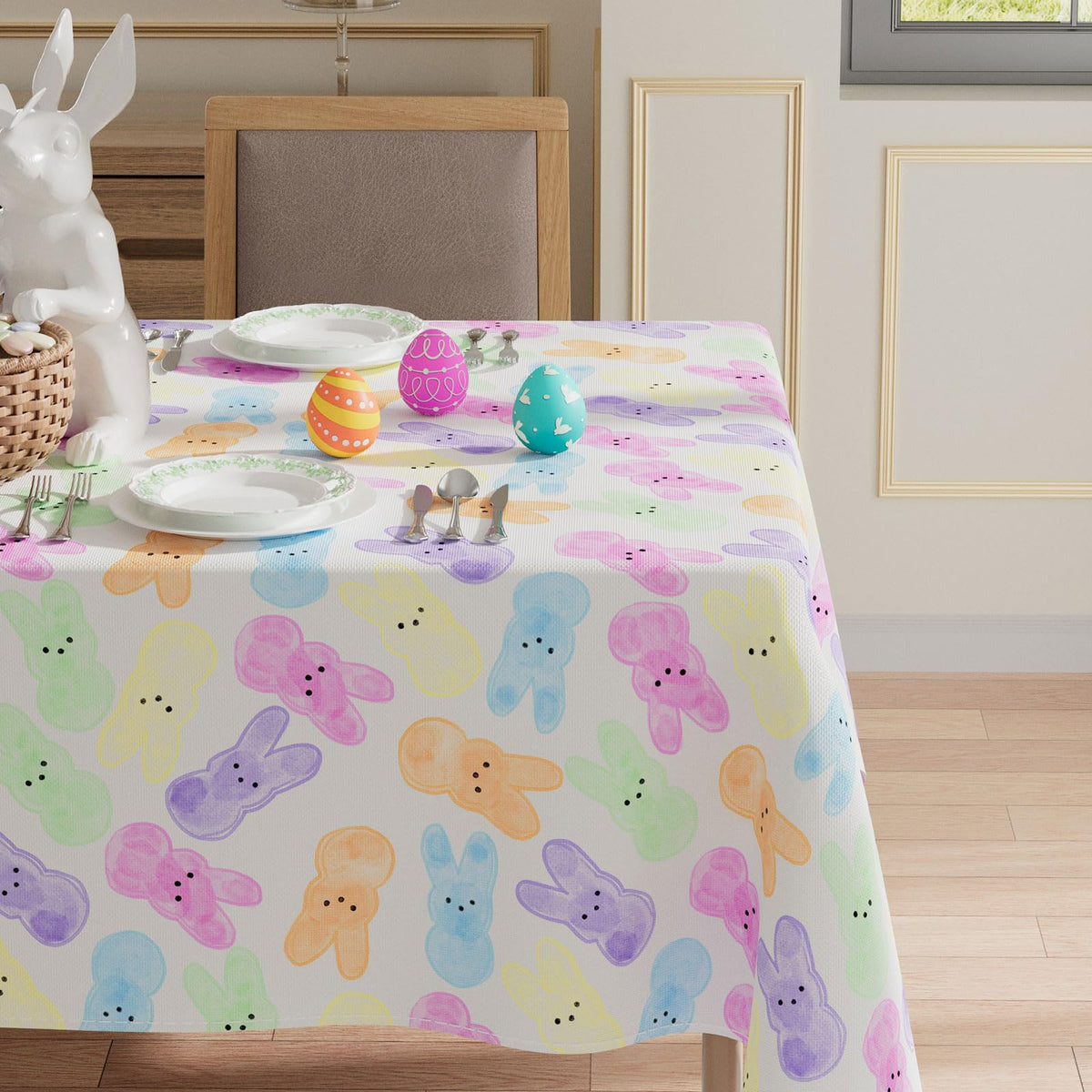 XCHI tablecloth on a dining setup with bunny print for family gatherings