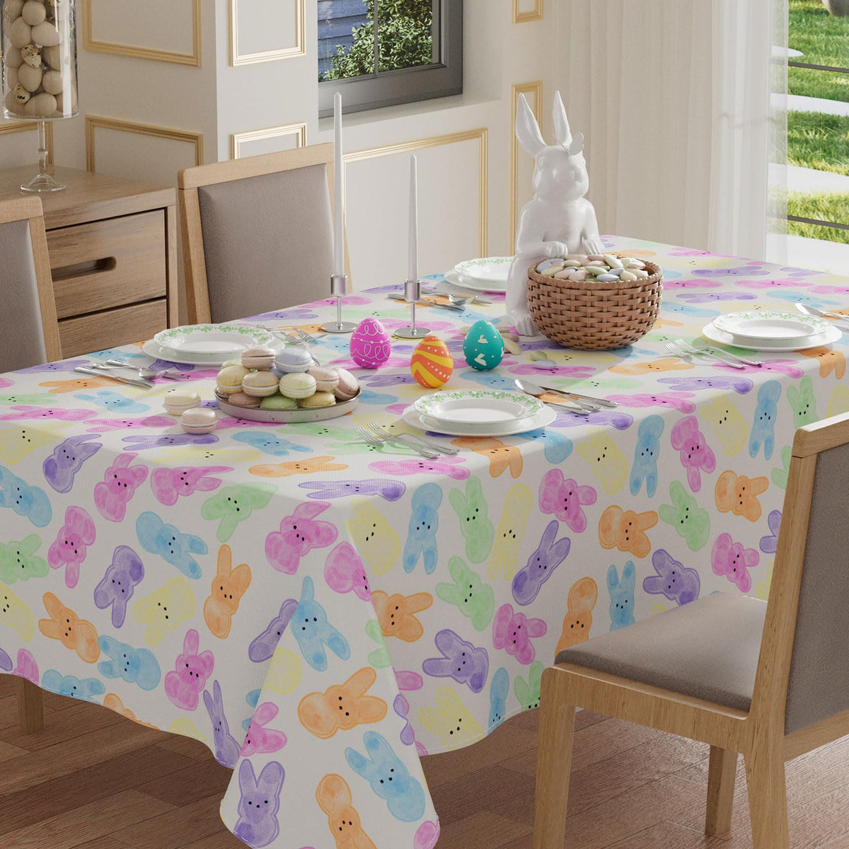 XCHI colorful watercolor bunny tablecloth, front view for Easter dining
