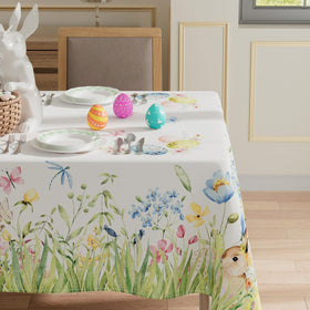 XCHI dining setup featuring bunny eggs watercolor tablecloth for meals