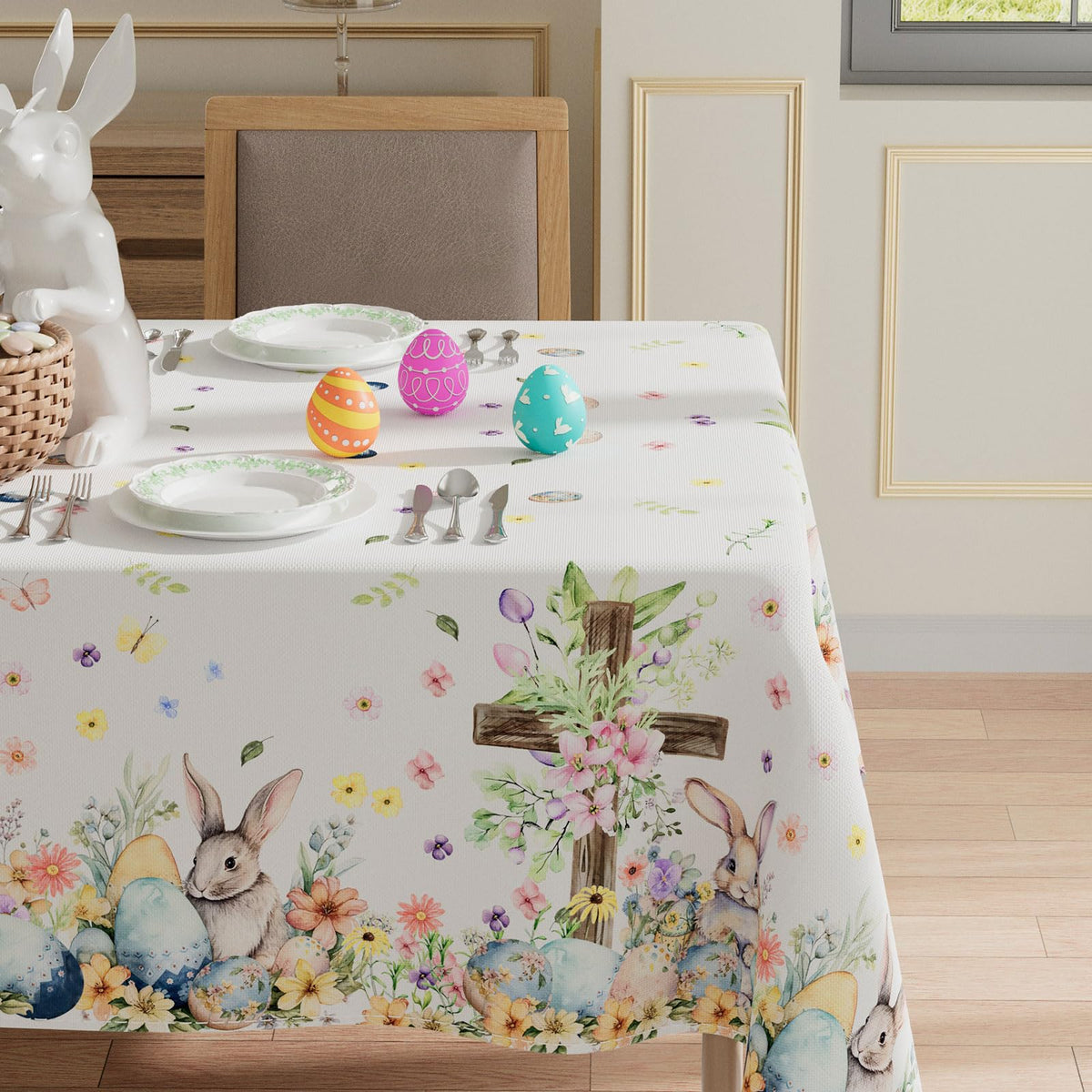 XCHI Easter cross rabbit tablecloth detail for decorative celebrations and table setup