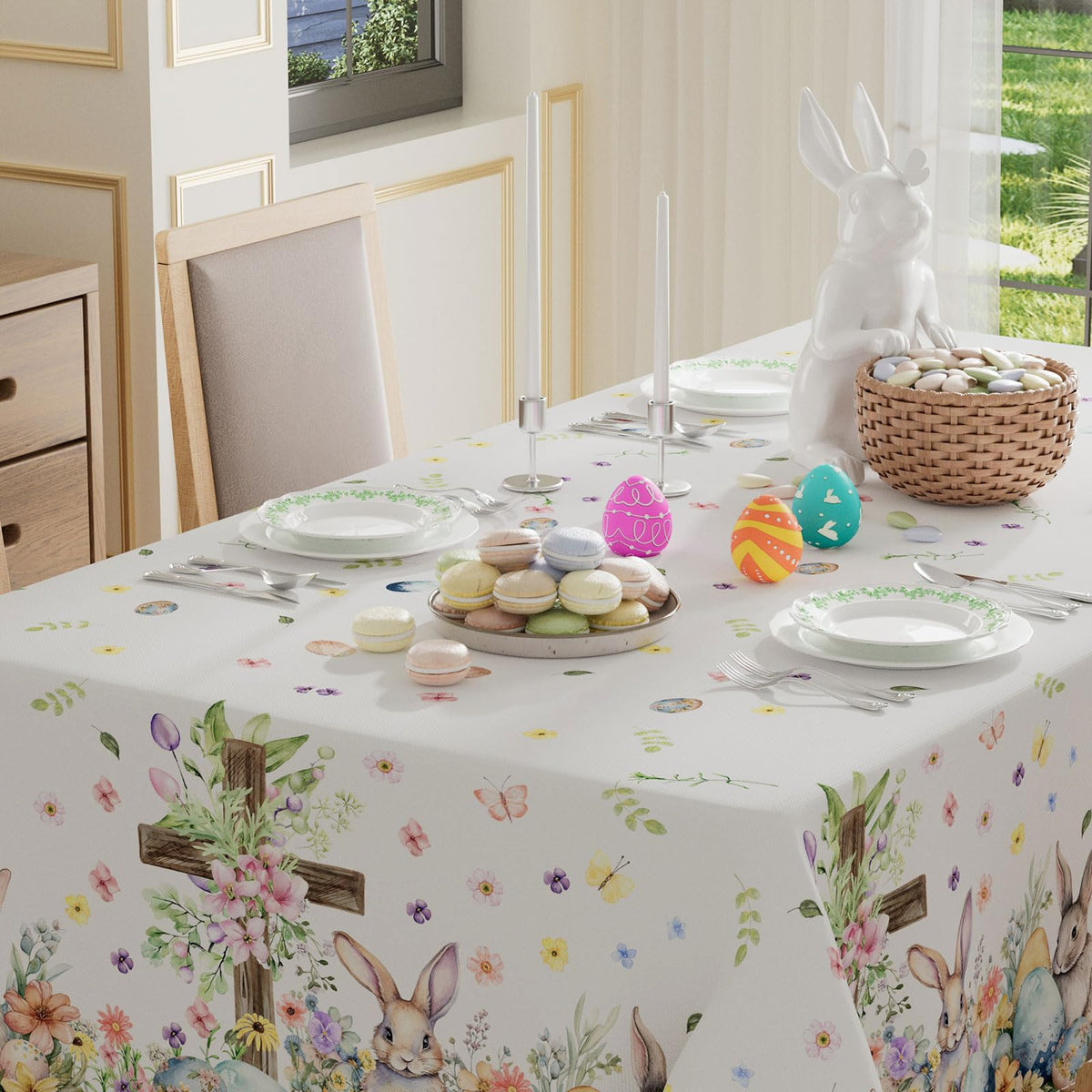 XCHI washable tablecloth with Bunny Eggs design for easy cleanup