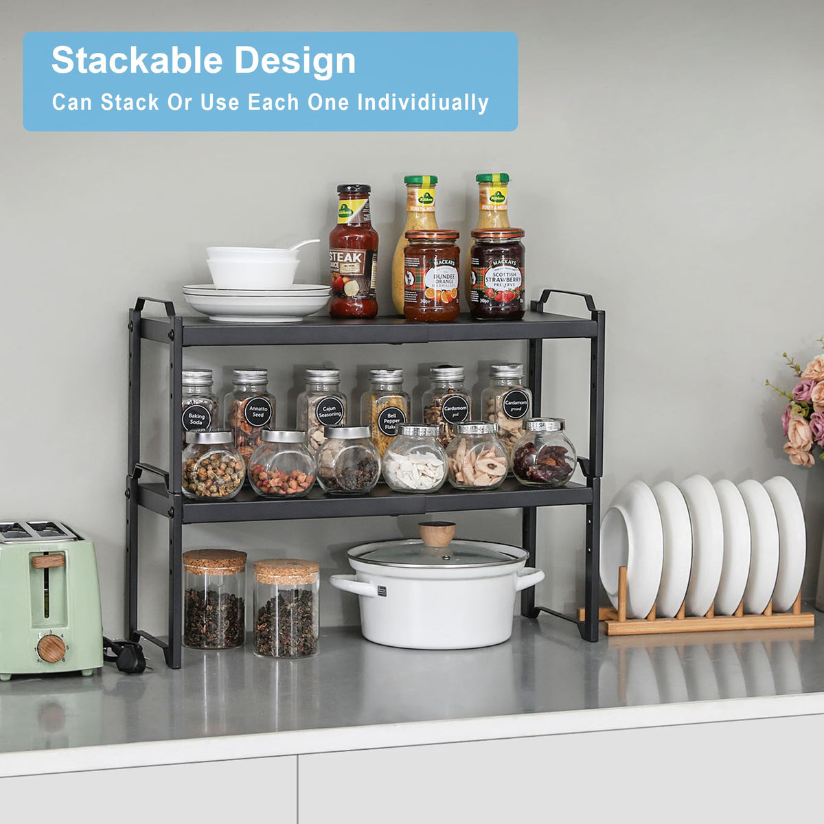 X-cosrack durable metal countertop shelf ideal for dishes and canisters.