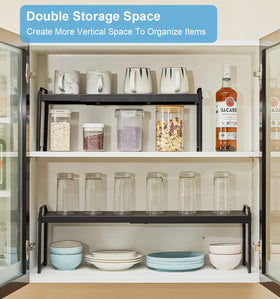 X-cosrack shelf ideal for spice jars and canned goods storage.