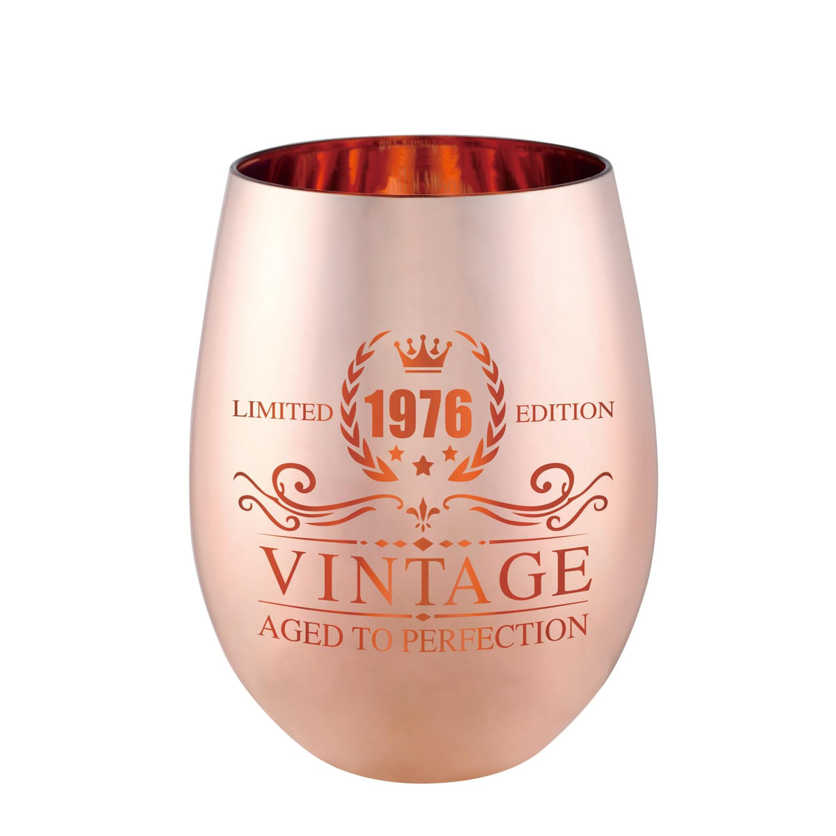Xilaxila Vintage 1976 wine glass with rose gold finish is ideal for elegant 50th birthday toasts.