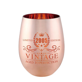 Xilaxila Vintage 2005 wine glass in rose gold, ideal for 21st celebrations.