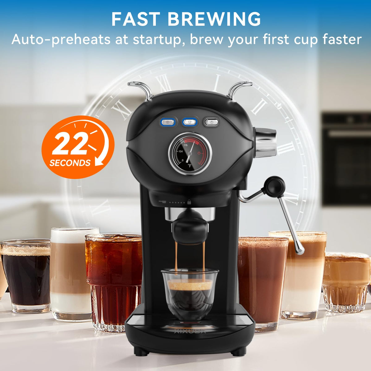 XIXUBX compact design on a kitchen counter illustrating space-saving home espresso brewing