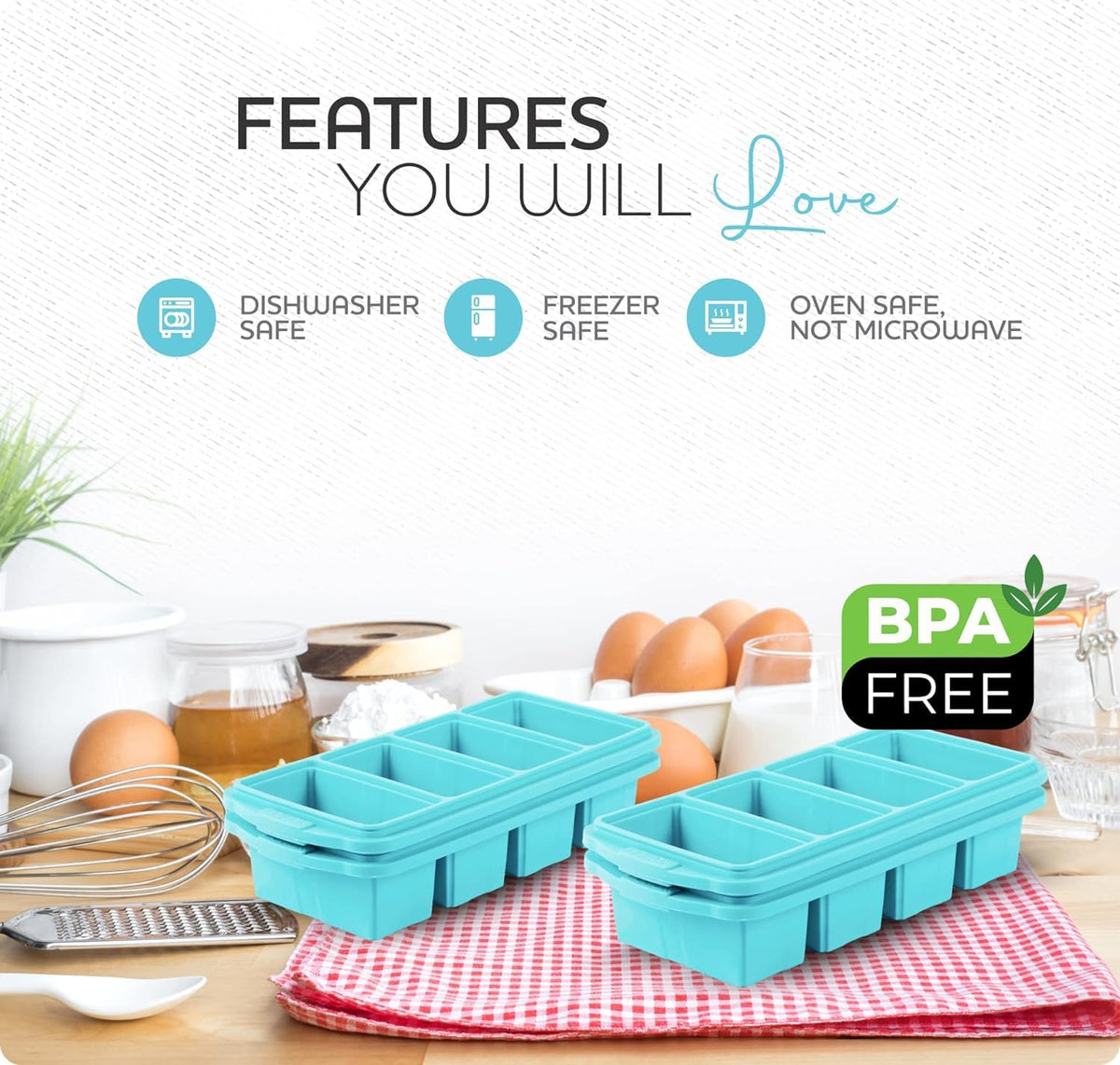 XOMOO BPA-free platinum silicone for reusable freezing.