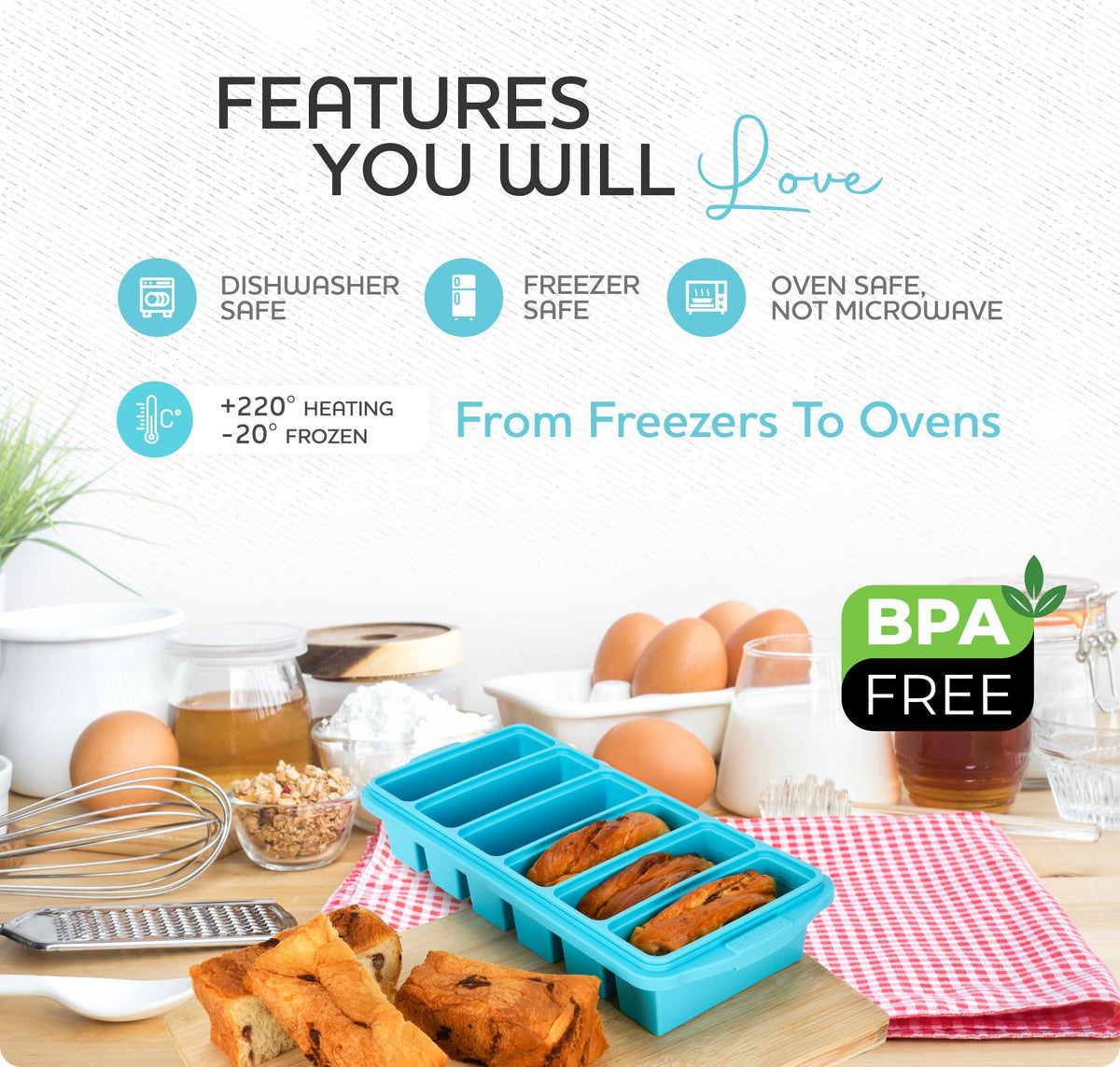 Xomoo dishwasher-safe freezer molds for simple cleanup after batch prep.
