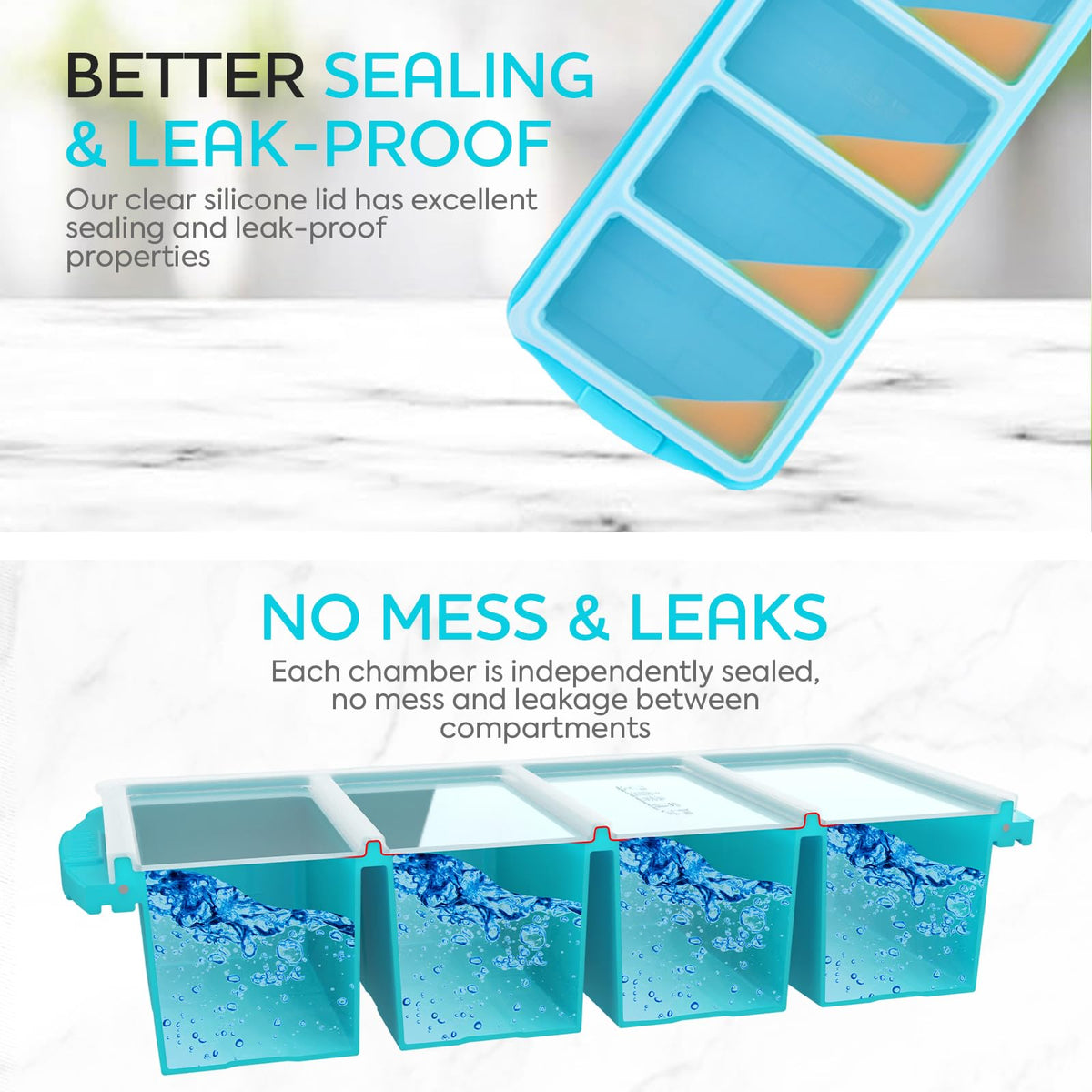 XOMOO leak-proof silicone lid seals trays to prevent spills.