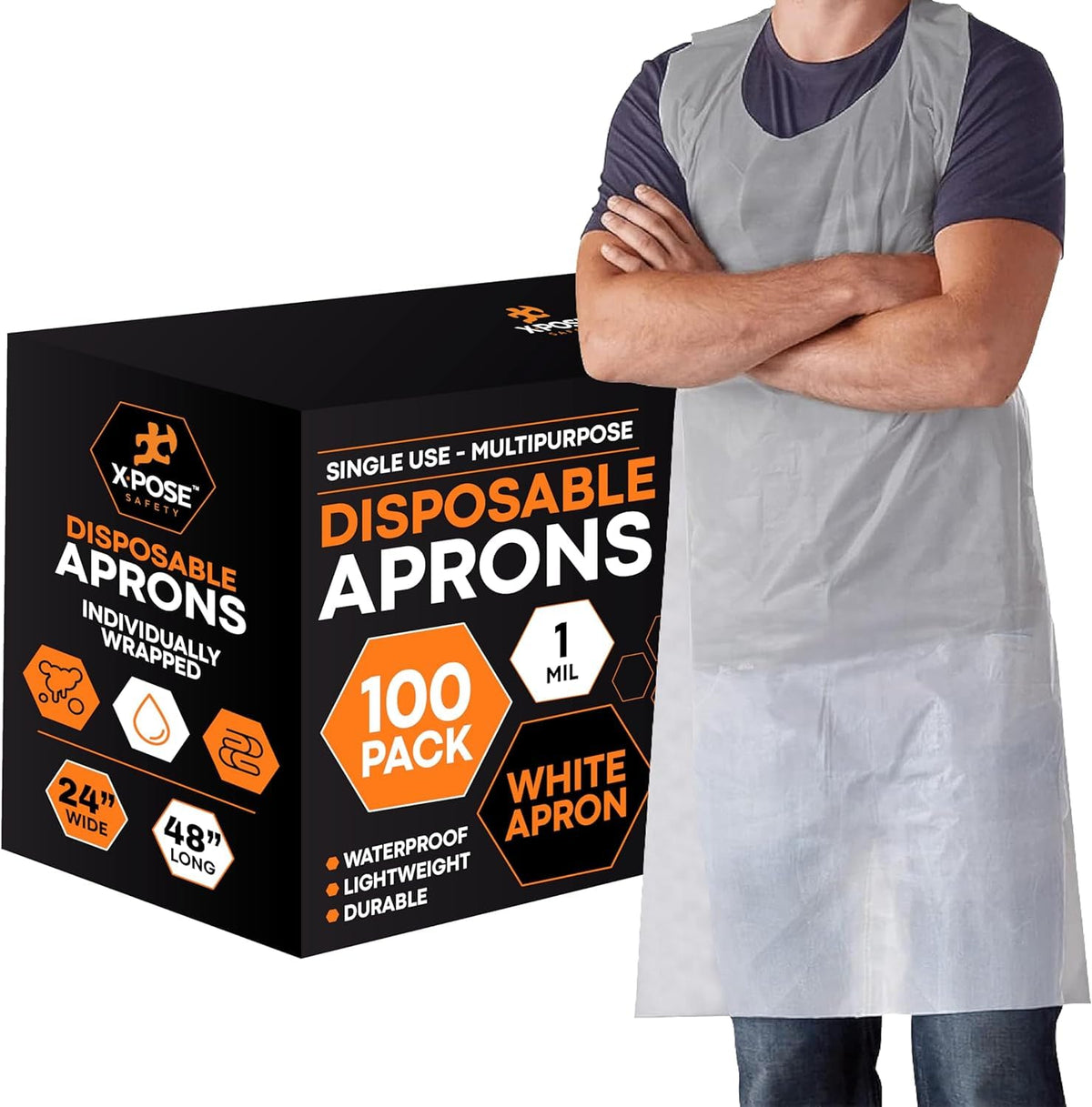Xpose Safety 100 White Plastic Disposable Apron front view showing waterproof protection for cooking