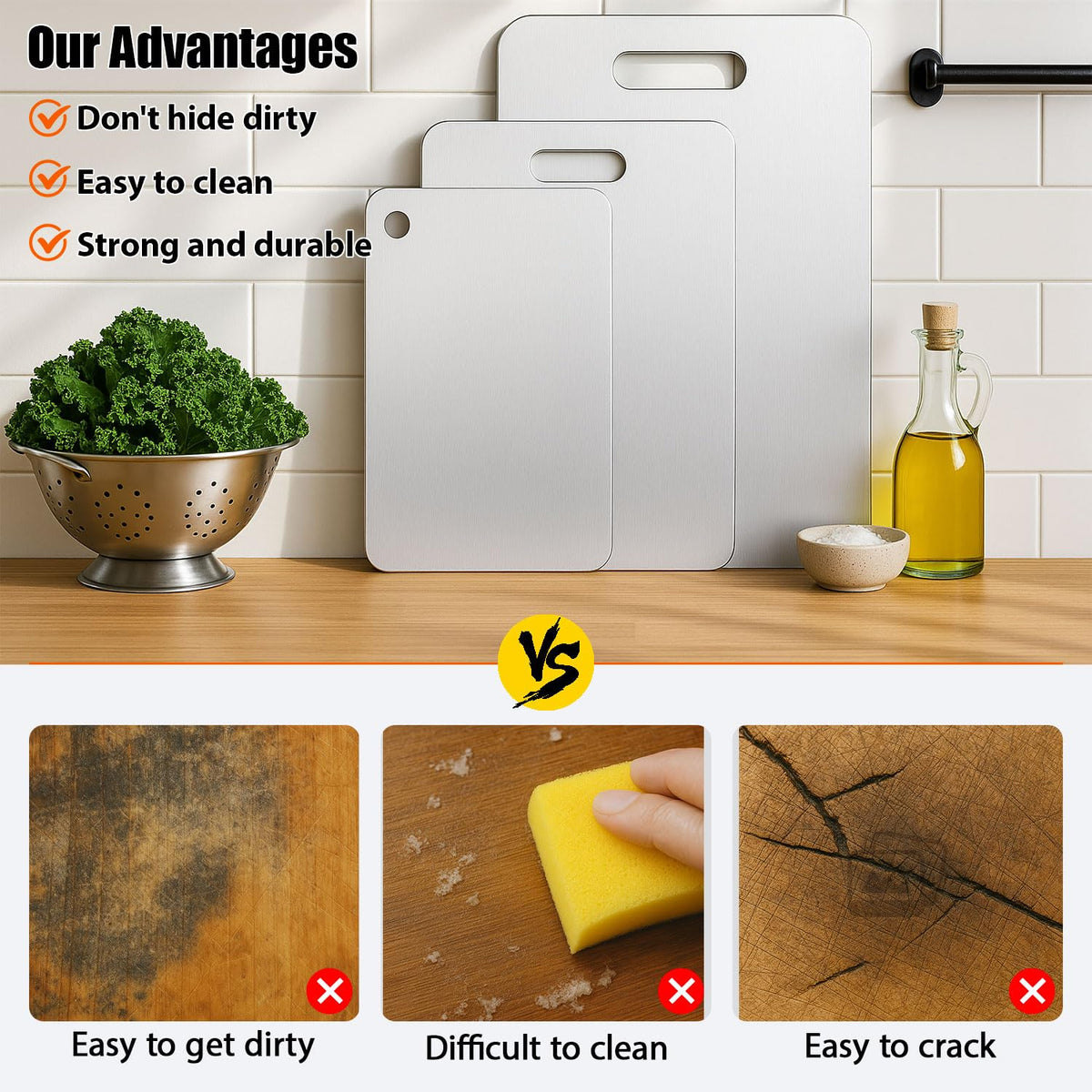 XTBSE titanium cutting board, hygienic non-porous surface resists stains and odors.