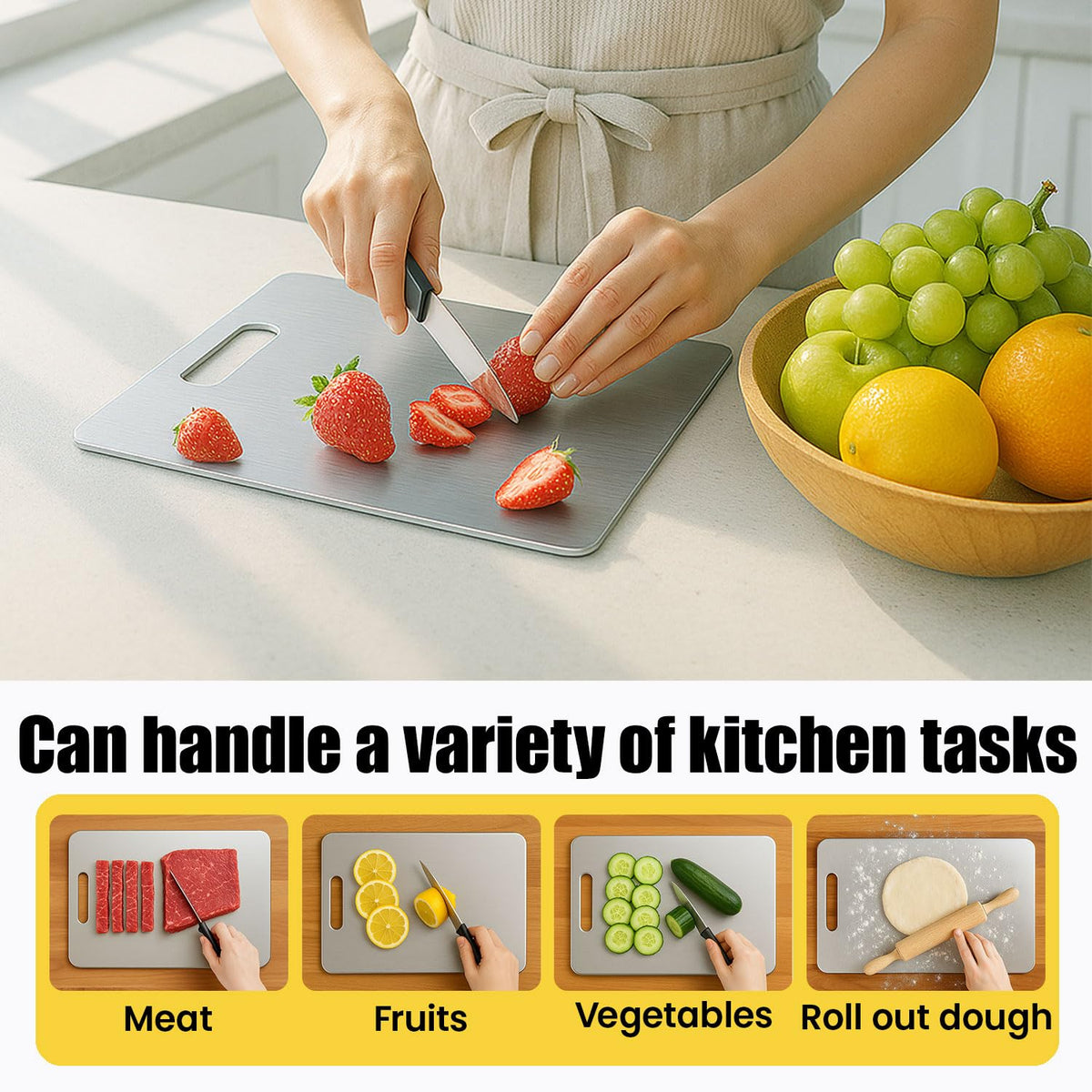 XTBSE titanium cutting board large: wide surface ideal for meat prep and bulk chopping.