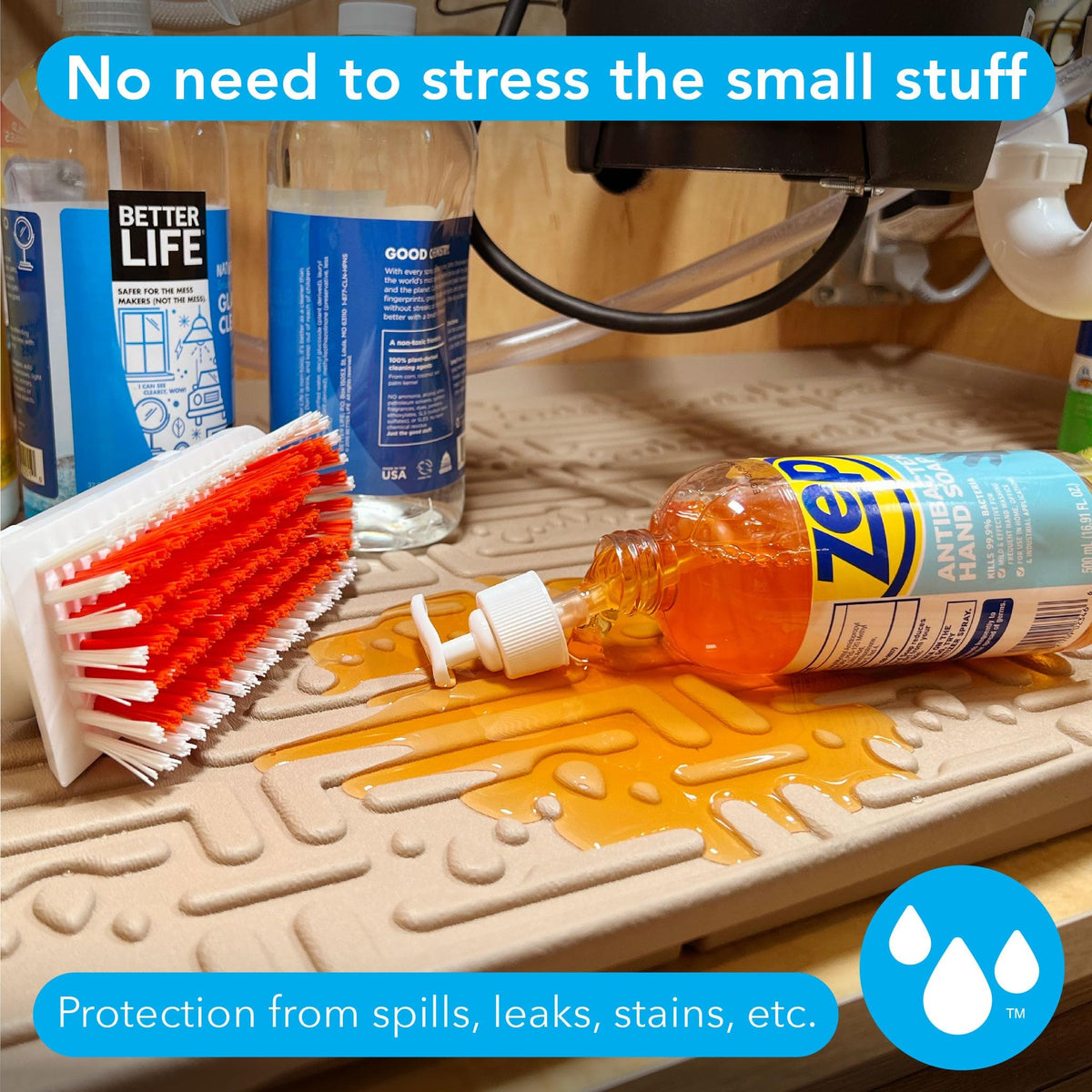 Xtreme Mats driptray function under sink keeps shelves dry and organized.