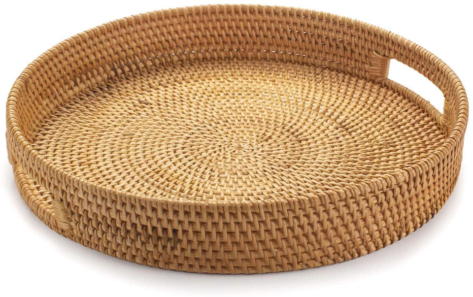 YANGQIHOME rattan round serving tray with handles for easy transport and stylish presentation.