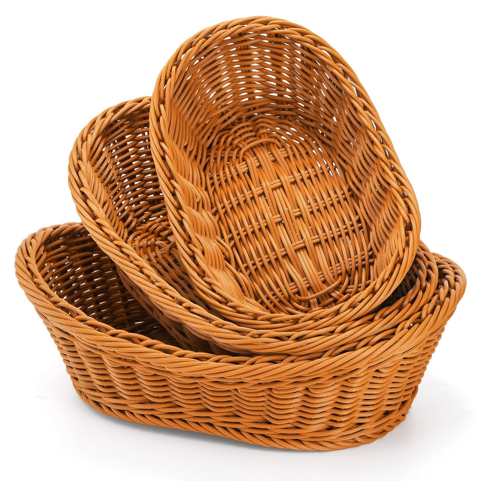 Yarlung small oval bread baskets with easy-grip handles for table service.