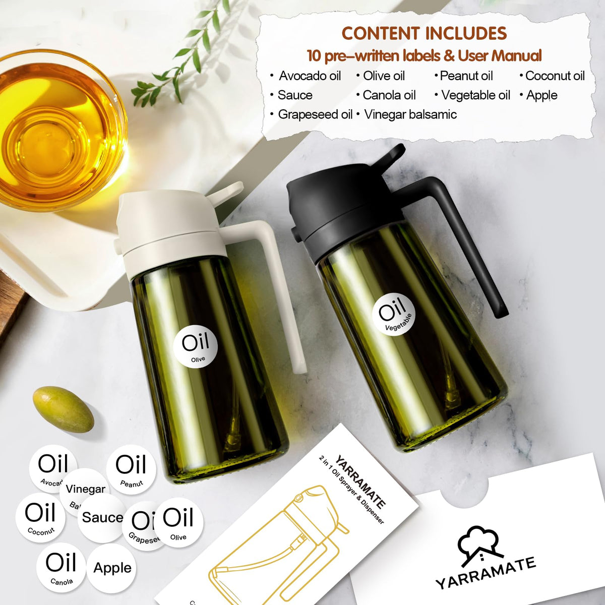 YARRAMATE green glass oil bottle keeps oil visible and fresh.