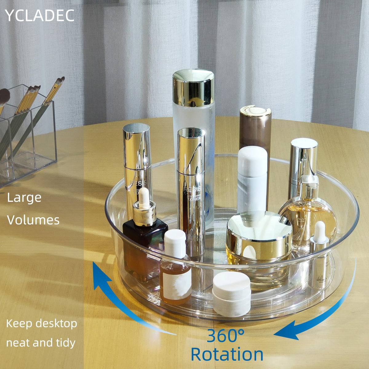 YCLADEC bathroom vanity organizer holds brushes and toiletries in view.