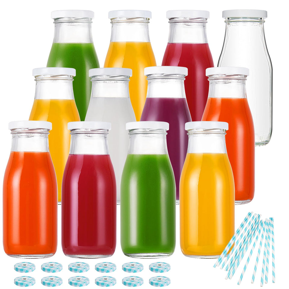 YEBODA 11oz glass milk bottle with metal lid for airtight storage.