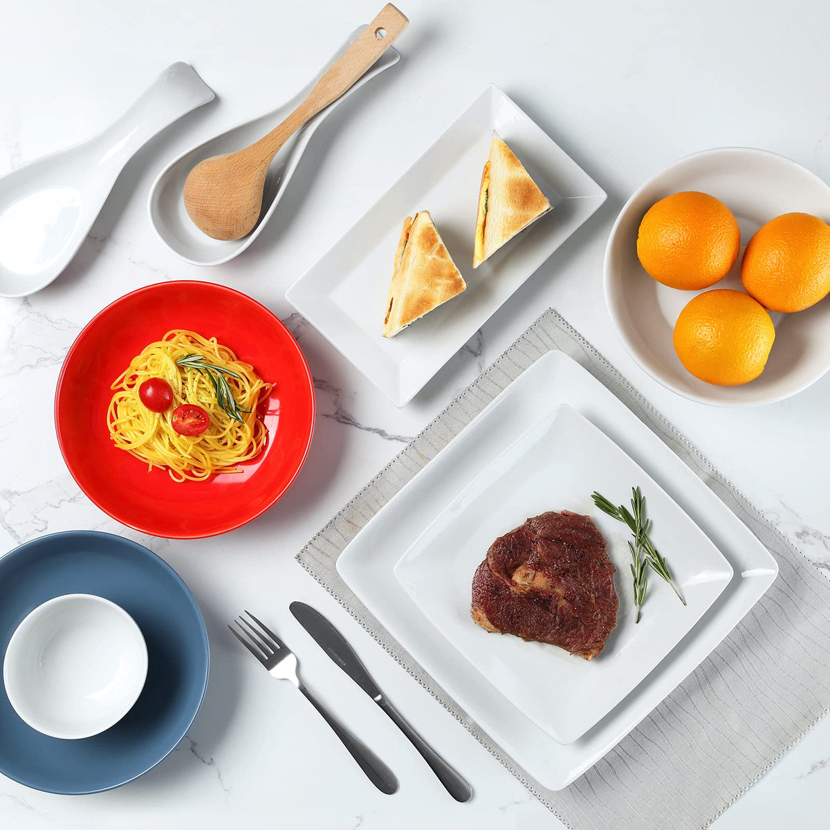 Yedio stackable porcelain square plates saving kitchen space.