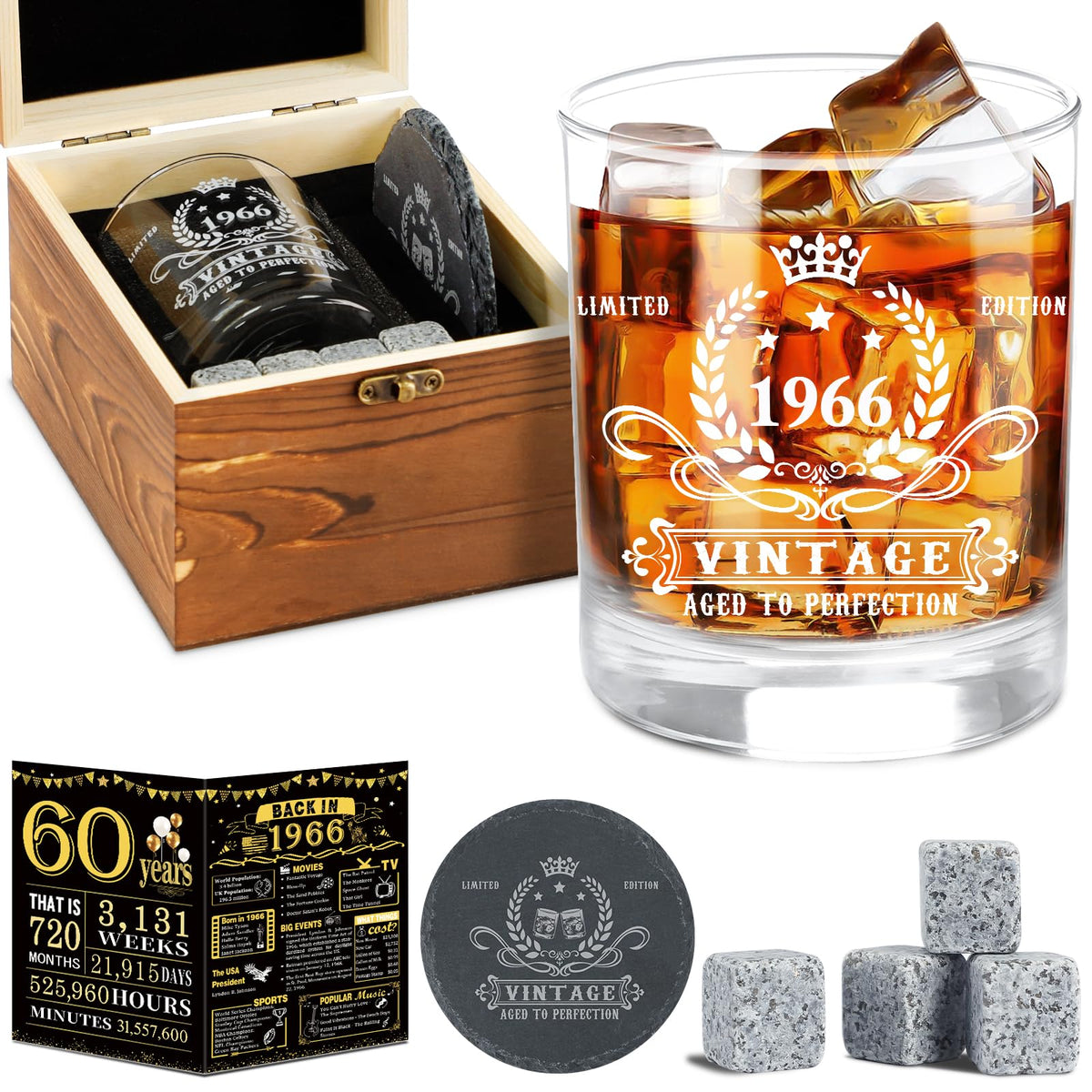 YeohJoy vintage 1966 whisky glass in a wooden box, ideal for a refined birthday moment