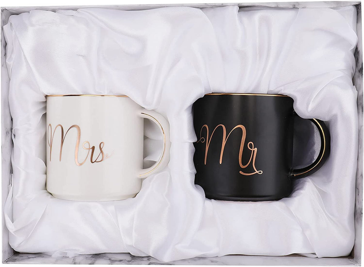 Yesland Mr and Mrs mug set in black and white, ideal couple gift.
