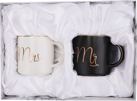 Yesland Mr and Mrs mug set in black and white, ideal couple gift.