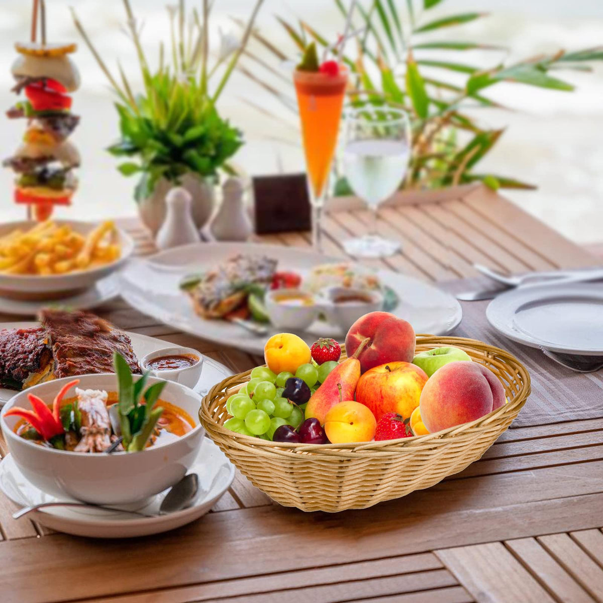 Yesland dining centerpiece oval basket enhances table presentation.