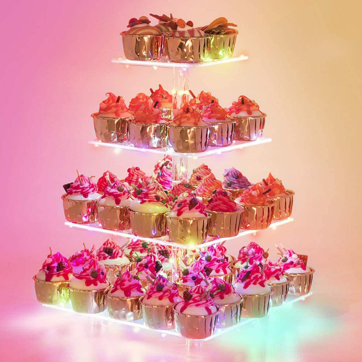 YestBuy 4-Tier Cupcake Stand with blue LED lights for ambient dessert display.