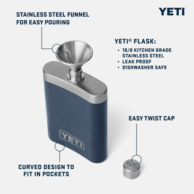 YETI 7 oz navy flask side view, fits in pockets.