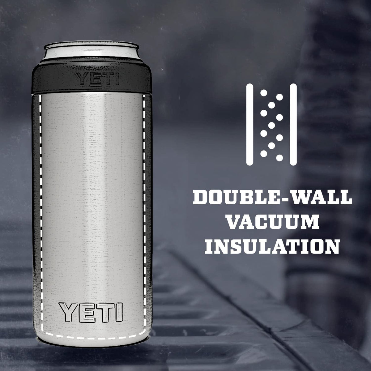 YETI Rambler Colster Navy double-wall vacuum insulation keeps beverages cold.