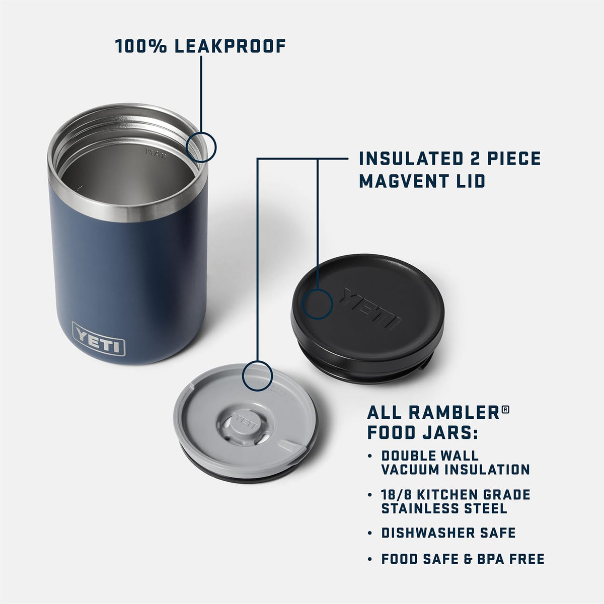 YETI Rambler 16 oz food jar side view emphasizes rugged stainless steel body.