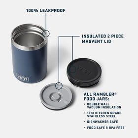 YETI Rambler 16 oz Food Jar in vacuum insulation keeps meals hot or cold outdoors.