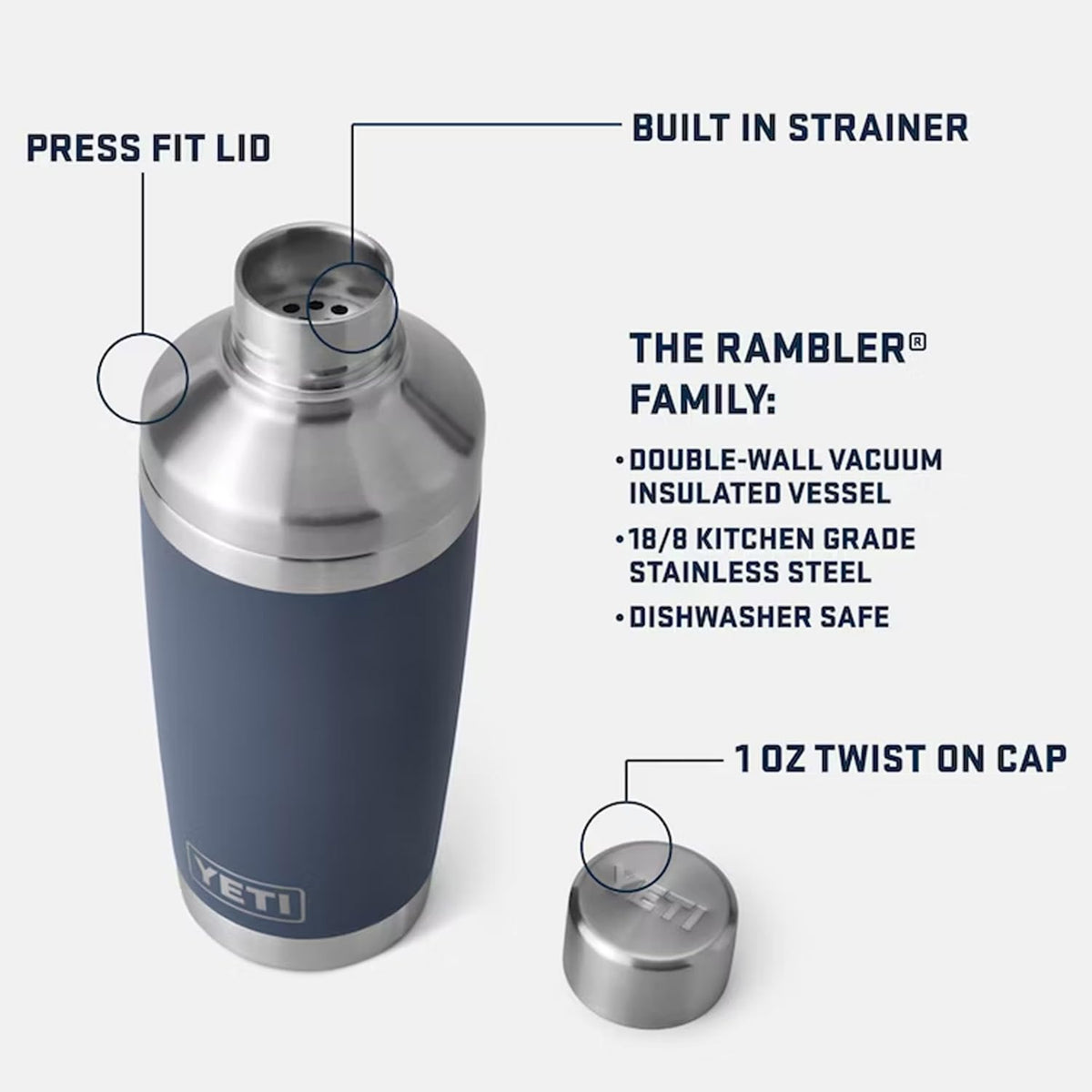 YETI Rambler 20 oz Cocktail Shaker pouring into a glass while maintaining cold temperature